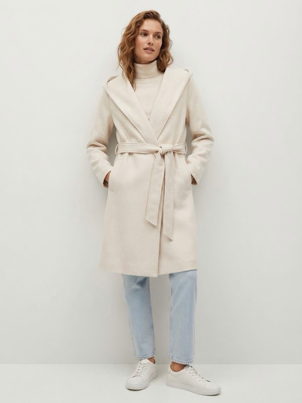 ZARA Cream Beige Hooded Wrap Coat Jacket Size Medium M Belted Long Fleece